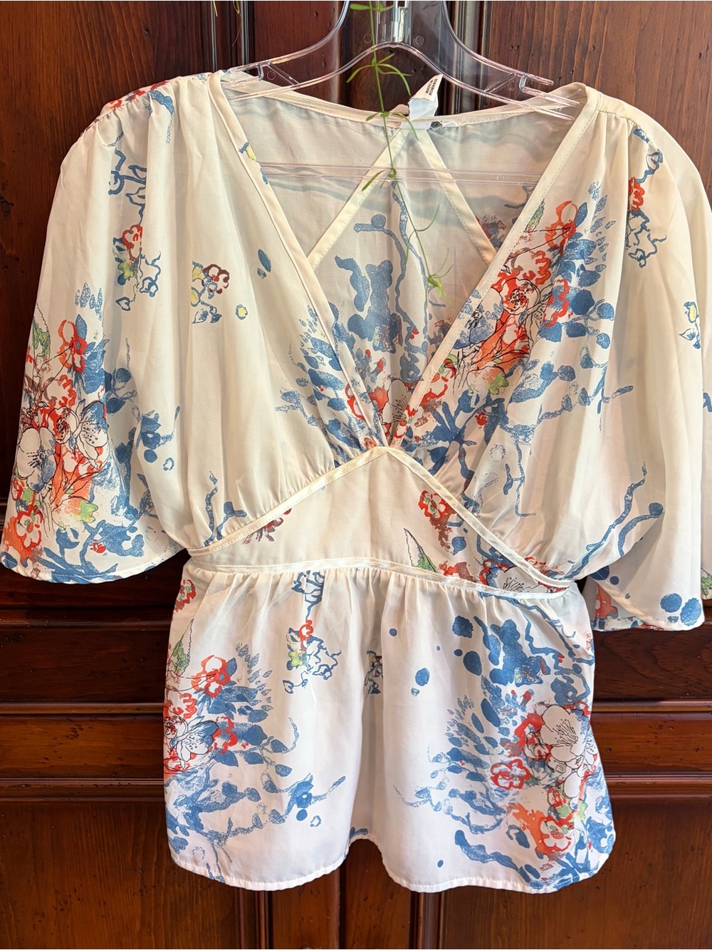 H&M Sz2 Women's Floral Wrap Babydoll Top - White with Blue & Coral Print